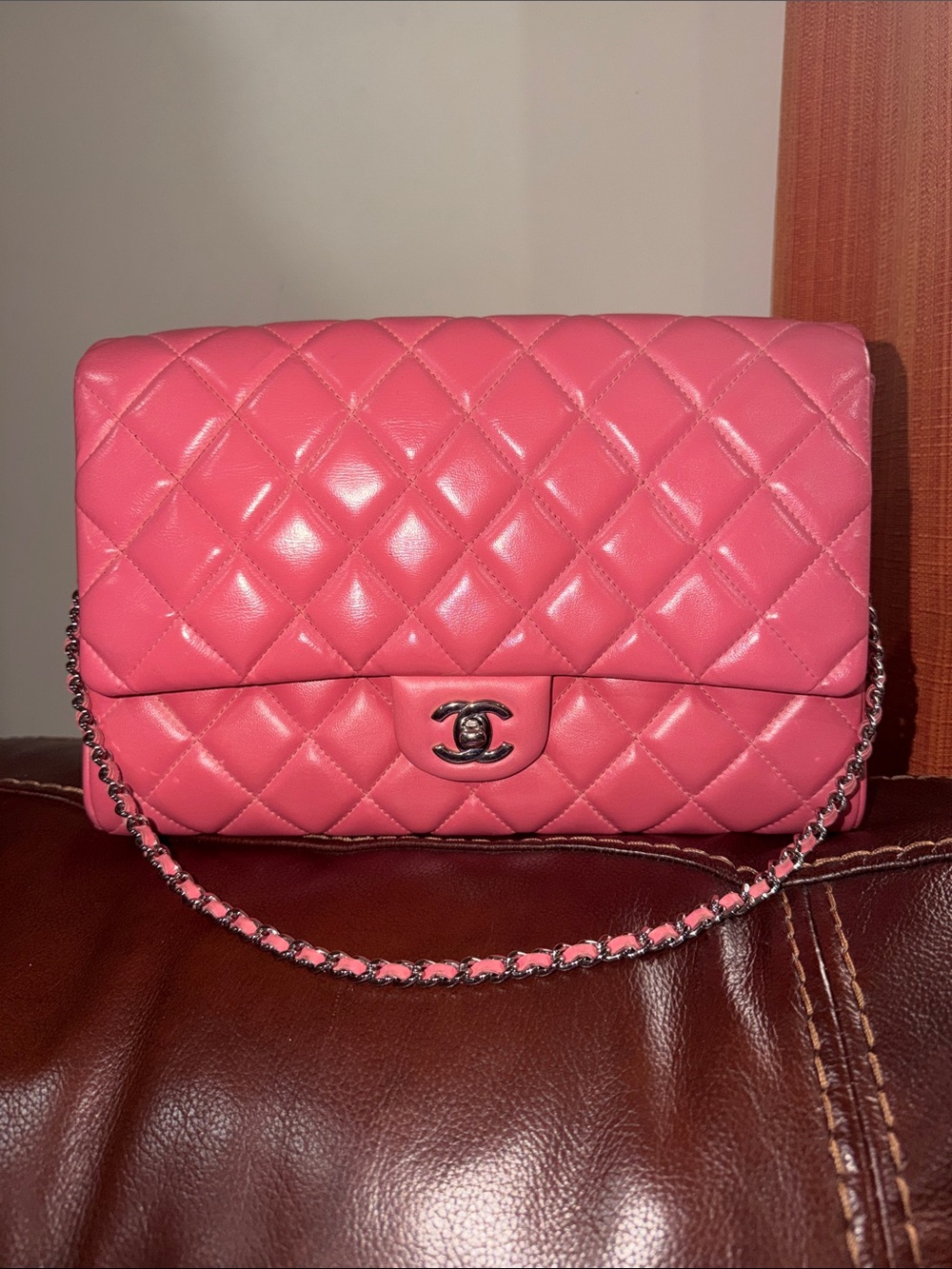 Authentic Chanel Pink Lambskin Leather Quilted Classic Flap Clutch Shoulder Bag - Picture 1 of 16